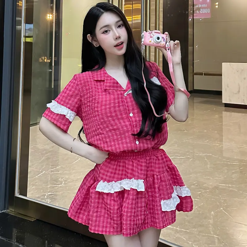 Set váy babydoll đũi caro phối ren trắng kèm chân váy bèo tiểu thư  - Set bộ đồ nữ  kẻ caro mix chân váy 6