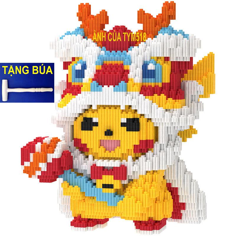 Đo choi lắp ráp pikachu đầu lân cỡ lớn 27cm xếp hình mô hình nano 3D dễ thương (TẶNG BÚA)