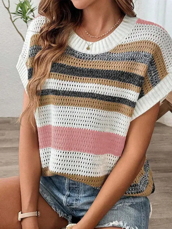 Women's Striped Crew Neck Sweater, Casual Short Sleeve Jumper for Daily Wear, Ladies Knitwear for All Seasons, Tops, Womenswear 3