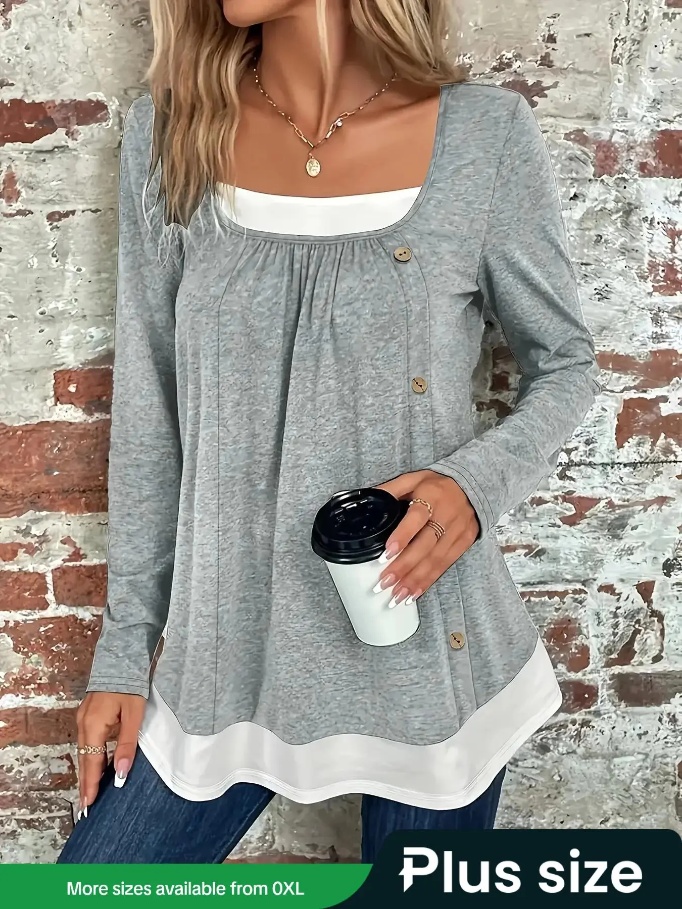 【Plus Size】 Colorblock Button Decor Tee, Casual Long Sleeve T-shirt for Spring & Fall, Women's Plus Clothing for Daily Wear, Elegant Classy Tops