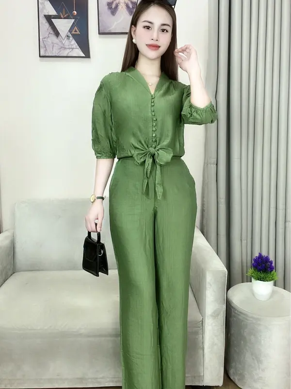 Set đồ bộ nữ, áo tay lỡ quần dài lưng thun, bộ đồ nữ mùa hè, chất vải đũi tơ mềm, mịn, mã B243 2