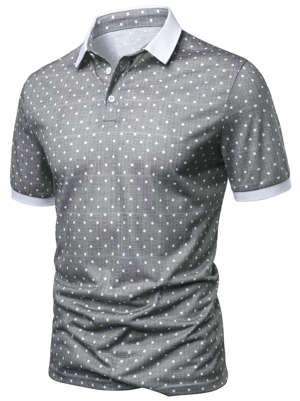 Men's Regular Fit Polka Dot Print Contrast Binding Polo Shirt, Casual Short Sleeve Button Front Top for Spring & Fall, Fashion Men's Clothes for Daily Wear 2