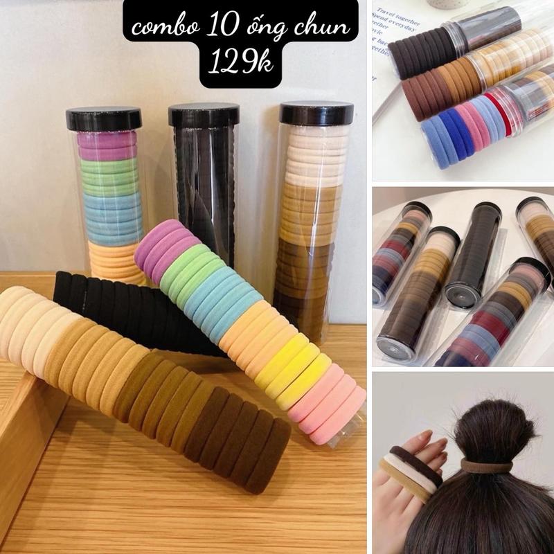 Combo 10 ống dây buộc tóc vải cao cấp cột êm không đau tóc, không nhão dây ( 1 ống có 20 sợi) Len Chun Voi Ong
