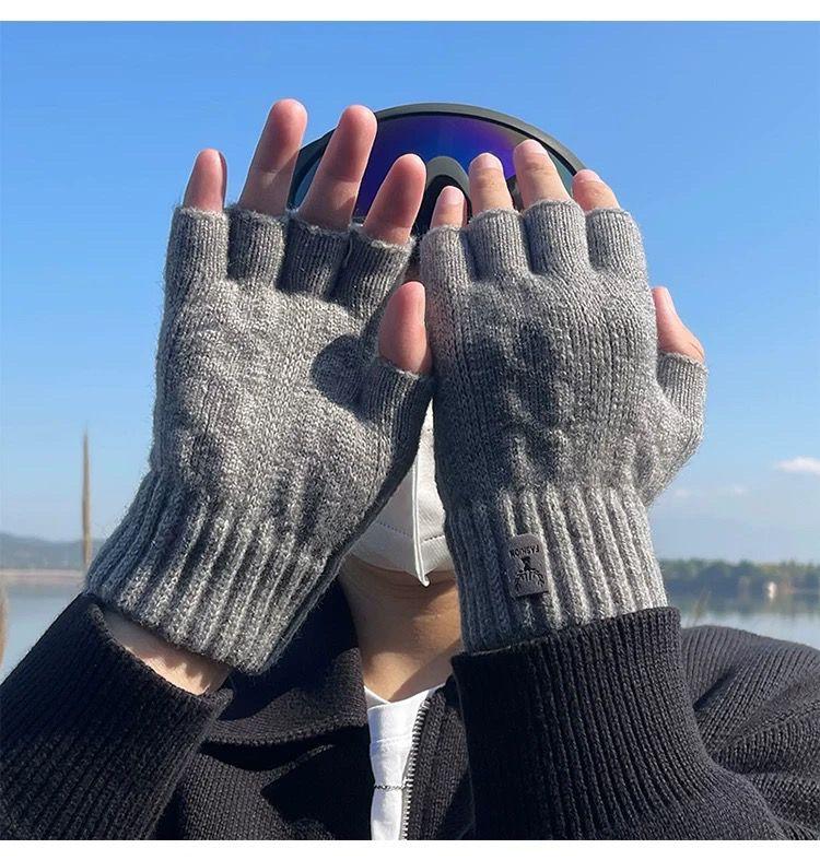 Product Introduction of 2024 Gloves Men's Open Finger Winter Half Finger Riding Student Writing Thick Wool Knitted Leaking Finger Cold-Proof Warm 15