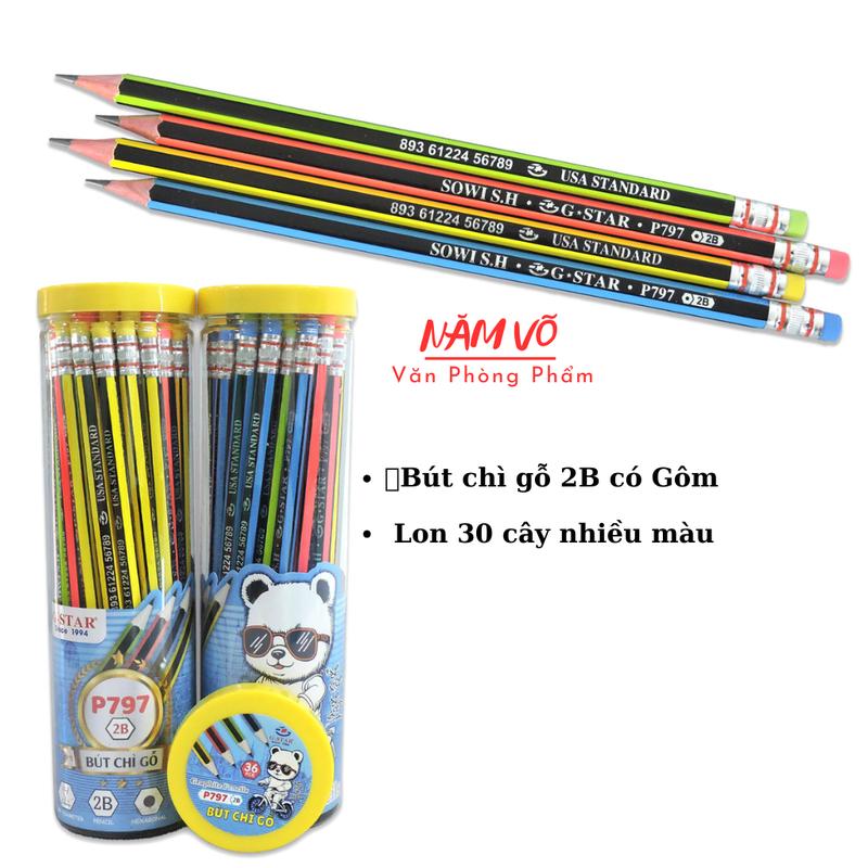 [P797] LON 36 Cây Bút Chì Đen 2B - Viết Chì Đen 2B Thân Gỗ Sọc Nhiều Màu, Có Gôm G-Star/ GStar P 797/ P-797, Khó Gãy, Dễ Chuốt - Hàng Chính Hãng