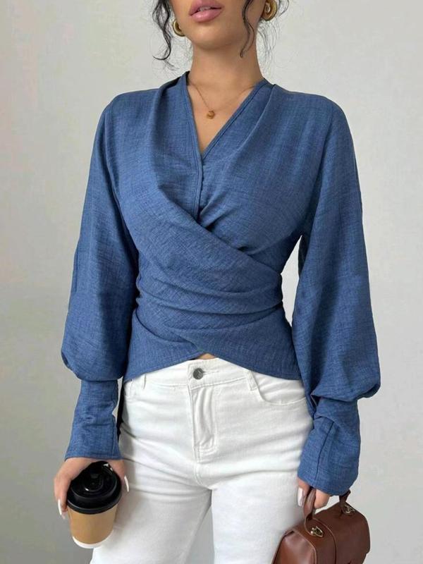 Women's Plain Wrap V Neck Blouse, Casual Long Sleeve Top for Spring & Fall, Women's Clothing for Daily Wear 2