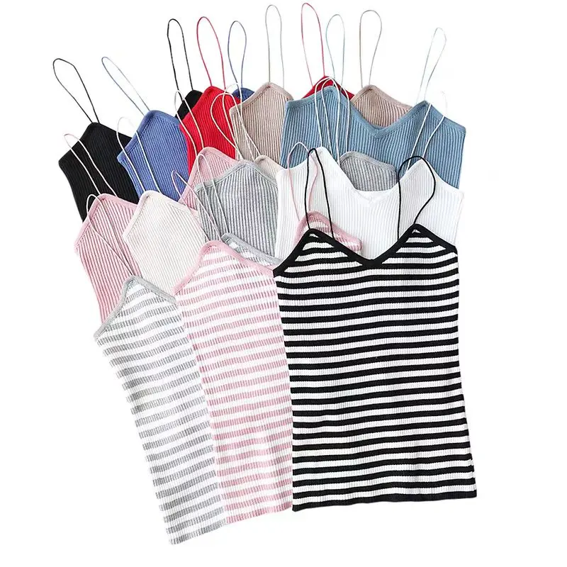 [16 Color] Stretchable Vertical Striped Thin Shoulder Strap Knitted Vests