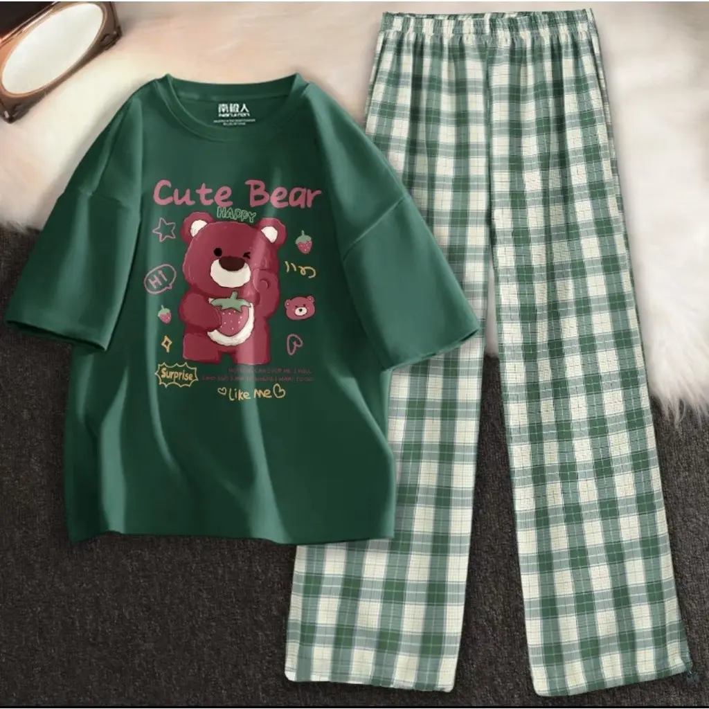 [GIẢM SỐC]Sét Áo phông Gấu Cute bear+ quần kẻ Karo, Áo thun nam nữ, from rộng mặc thoải mái.  Venus.xinh
