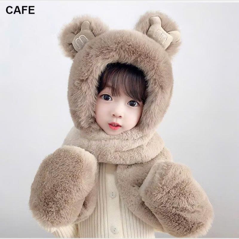 Mũ trùm đầu, mũ len kèm khăn choàng cổ và găng tay hình tai gấu đáng yêu cho bé trơn ếch nâu 2