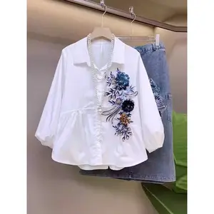 [ready stock]FADFAD Atasan Kemeja Putih Lengan Panjang Dengan Variasi Bunga Dibagian Depan Gaya Kasual Untuk Wanita