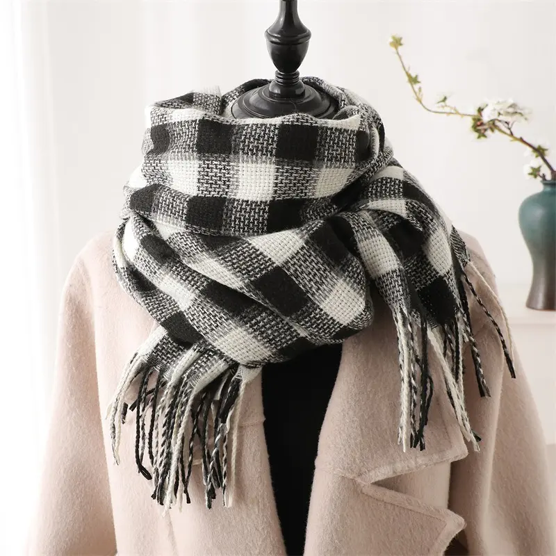 Khăn Quàng quàng cổ Giả Cashmere Kẻ Sọc Tua Rua, Dành Cho Nữ, Mùa Thu Và Mùa Đông, Thời Trang Và Dễ Phối Đồ Dài Trung Bình Ấm Áp, Thích Hợp Cho Các Cặp Đôi, WT-12, Hàng Mới Về Khăn Choàng Choàng Cổ 8