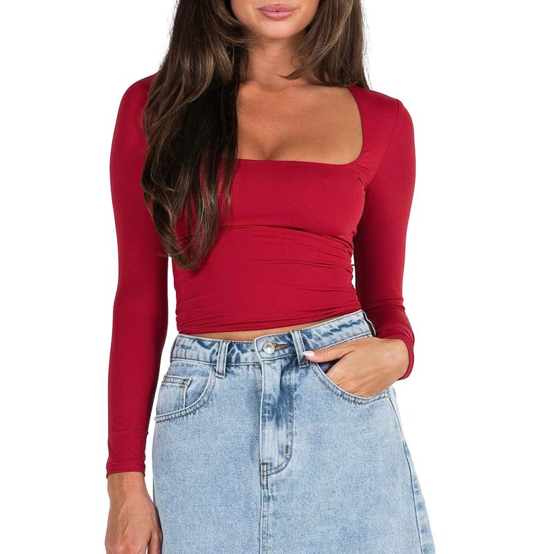 TikTok Shop Women s Slim Fit Crop Tops Long Sleeve Square Neck Solid Color T Shirt Dressy Blouses