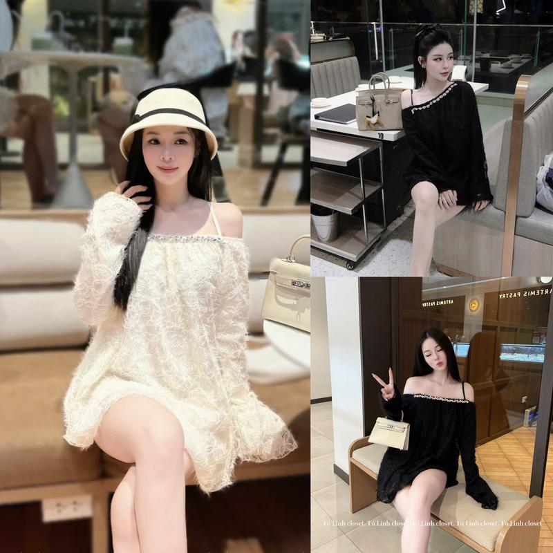 I0195 Váy Ren Nữ chất ren lông đính Đá Form rộng trễ vai tiểu thư sang chảnh by IRIS STORE Dress Women