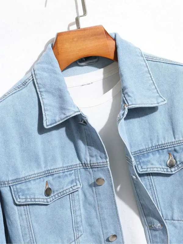 Men's Solid Color Denim Jacket, Loose Casual Fashion Comfy Long Sleeve Outerwear for Daily Wear, Men's Clothes for All Seasons, Coats, Cotton 2