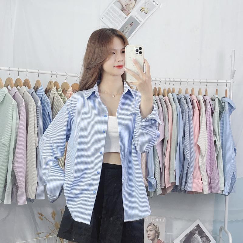 Áo Sơ Mi Phong Cách Hàn Quốc, Kẻ Sọc Chất Vải Không Nhăn Xinh Xắn. Nữ Top Women Shirt Women Shirt somi han quoc