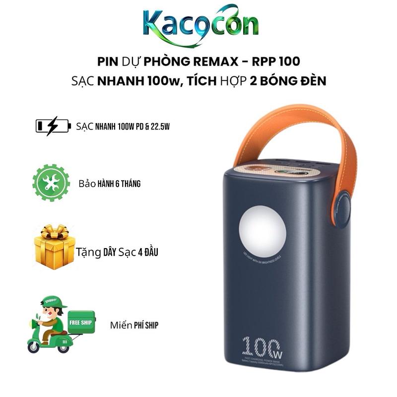 Pin Sạc Dự Phòng RPP 100 Dung Lựơng 60000mAh Sạc Nhanh 100W Tích Hợp 5 Cổng Sạc Sạc Nhanh Cho iPad Macbook Tích Hợp 2 Đèn LED Titan