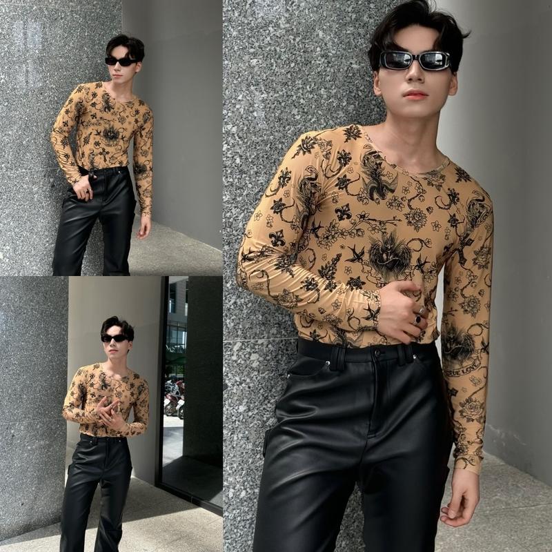 Áo thun hoa văn họa tiết độc đáo , cổ rộng fom body tôn dáng (IC119) Unisex Menswear Nam