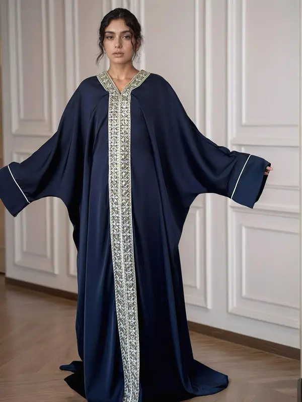 Women's Lace Embellishment V Neck Abaya, Modest Long Sleeve Maxi Dress for Party Wedding Guest, Formal Ladies Islamic Clothing for All Seasons 4