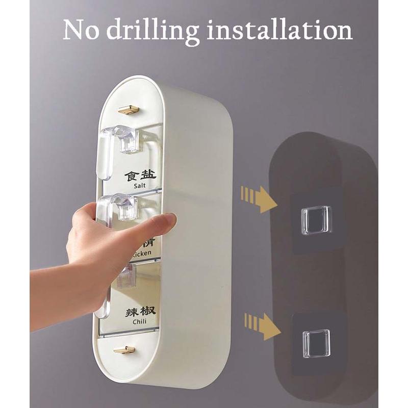 Creative and Convenient Kitchen Sugar and Salt Shaker Seasoning Container Box Household Wall-mounted Perforation-free Combination Shelf Storage Rack Spice Utensils Seasoning Box 5