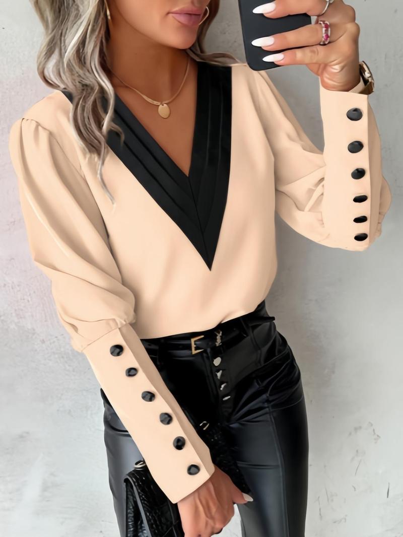 Product Introduction of Women's Patchwork Print Button Leg-of-mutton Sleeve Blouse, Elegant V Neck Long Sleeve Top for Work Office Business, Ladies Clothes for All Seasons， Going Out Tops 13