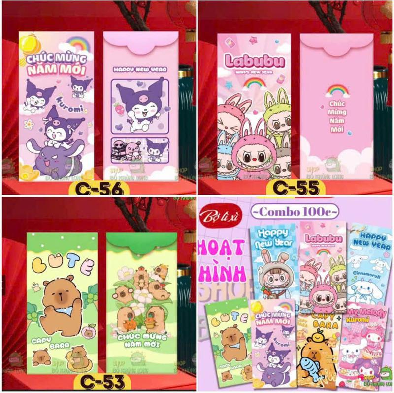 Combo 100 bao lì xì truyền thống mẫu hoạt hình cute dễ thương LABUBU, KOROMI, CAPYBARA..... ( có tách lẻ 50 bao và 10 bao )