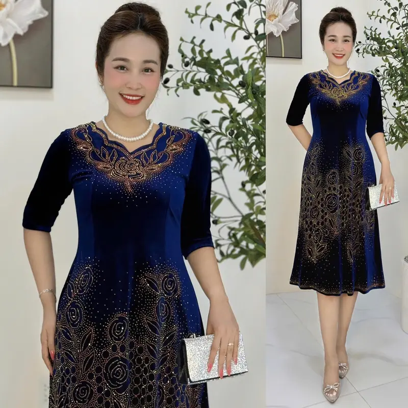 Đầm Trung Niên M678 Vải nhung tuyết co giãn size Từ 48-75kg ép đá dmc Ôm gọn Thanh lịch Dress Váy Nữ Tím Women Đỏ 3