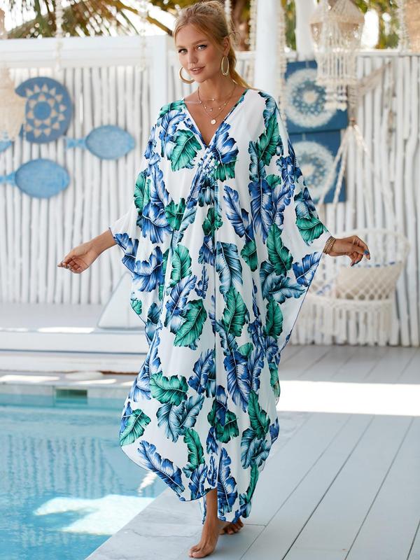 Women's Leaf & Chain Print Batwing Sleeve Split Hem Dress, Summer Outfits 2024, Dress in Club, Dresses for Women, Summer Dresses 2024, Boho Casual Long Sleeve V Neck Dress for Spring & Fall, Women's Clothing for Beach Holiday Vacation 4