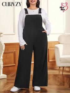 CURVZY Plus Size Solid Pocket Overall Jumpsuit, Casual Sleeveless Overalls Jumpsuit for Women, Women's Plus Clothing for Spring & Fall