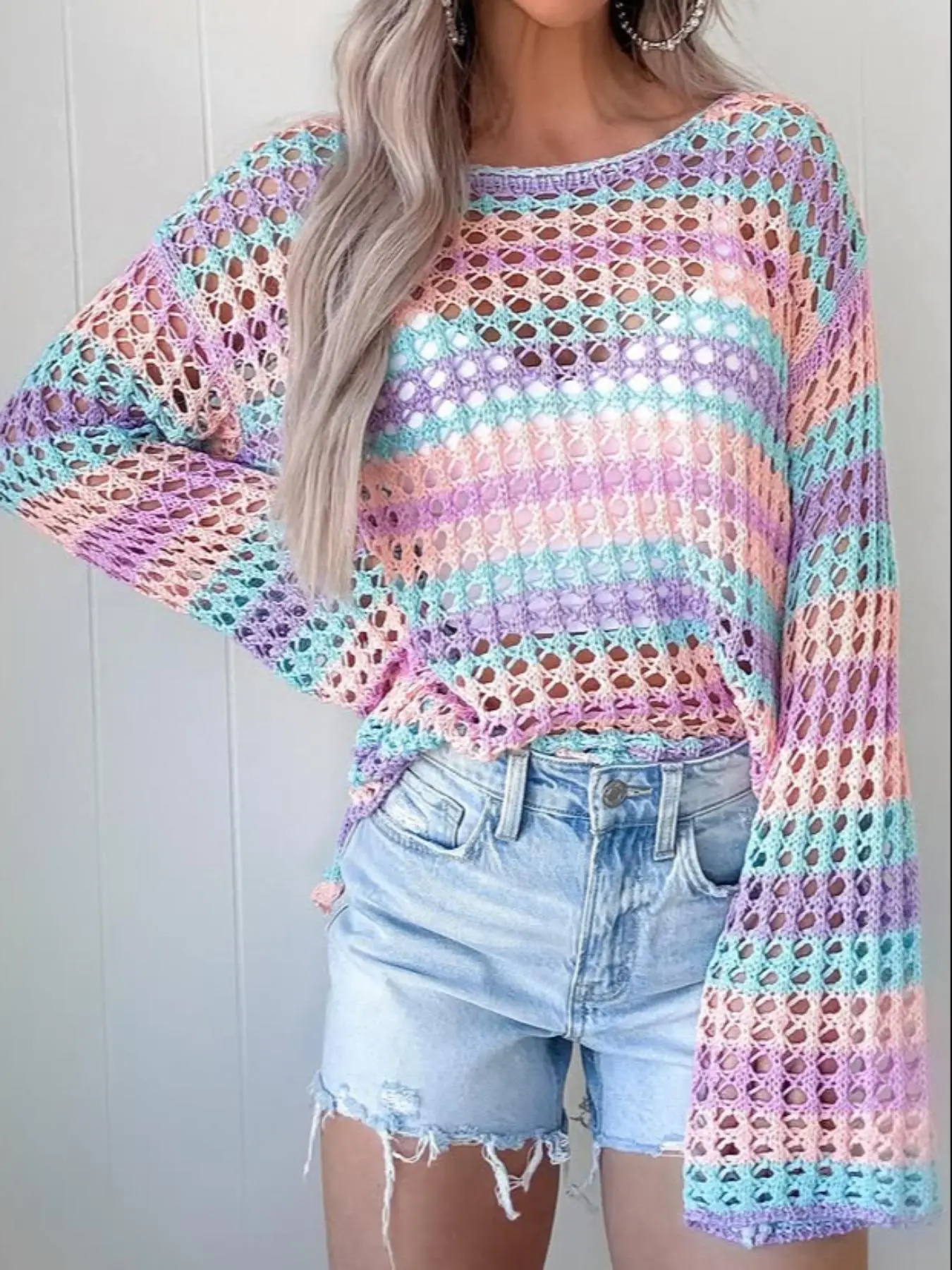 Women's Colorblock Hollow Out Sweater, Casual Long Sleeve Jumper for Daily Holiday Vacation Wear, Ladies Knitwear for Spring