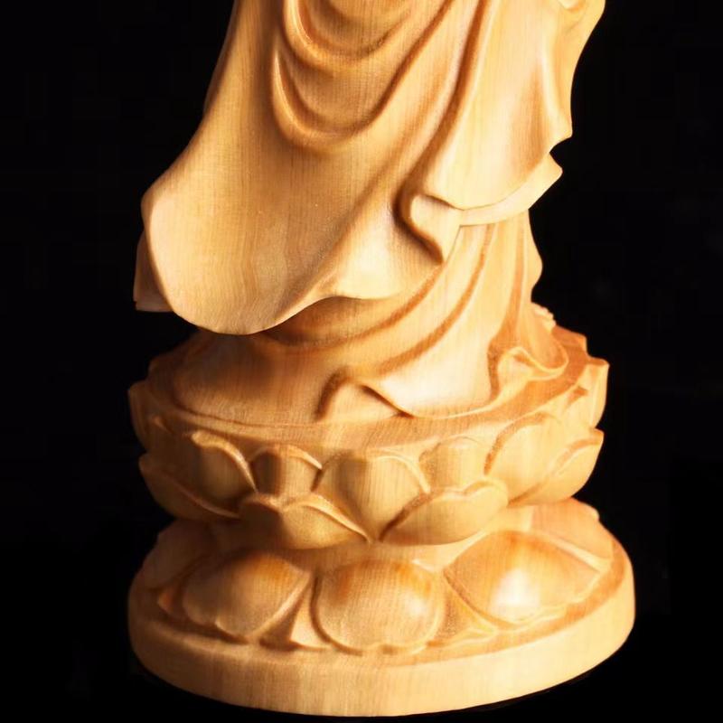 Product Introduction of Cliff Cypress Wood Carving Guanyin Buddha Statue Ornament Standing Statue Worship Household Solid Wood Guanyin Smiling Face Guanyin 8