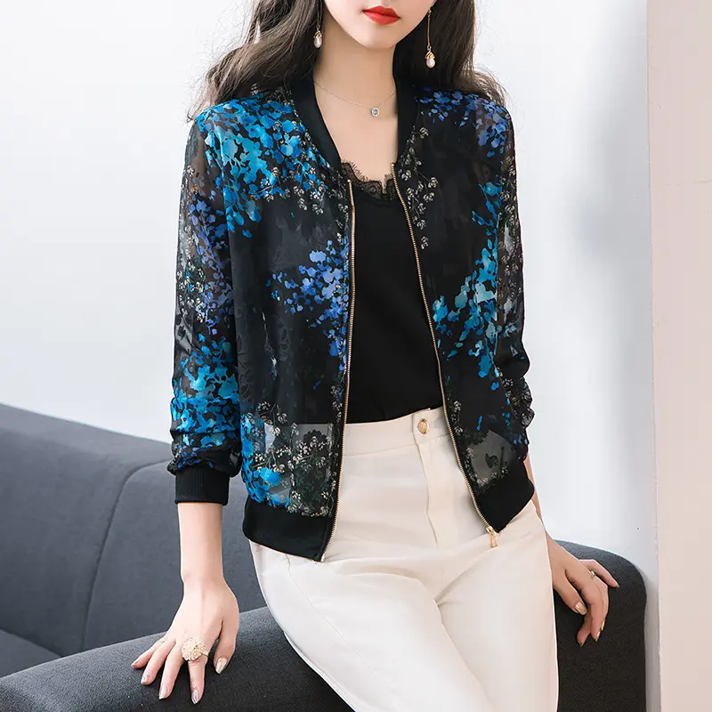 Chiffon Printed Baseball Jacket Women's Long Sleeve 2025 Spring Summer New Loose Jacket Sun Protection Thin Short Coat