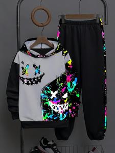 Boy's Luminous Printed Hoodie & Pocket Sweatpants Set, Casual Hooded Pullover & Jogger Pants for Daily Wear, Kids Fall & Winter Clothes