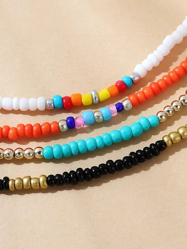 4pcs Boho Style Colorblock Beaded Anklet, Fashionable Foot Jewelry For Women, Daily Clothing Decor For Girl 2
