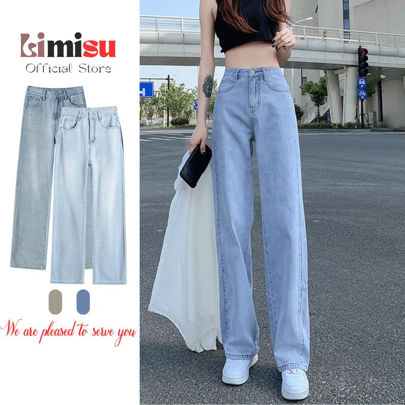 Quần jean nữ ống rộng lưng cao LIMISU quần bò nữ dáng suông siêu tôn dáng