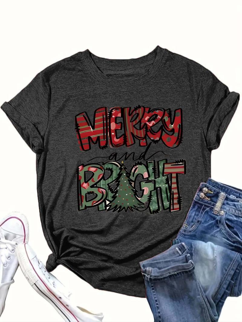 Product Introduction of 【Plus Size】 Cartoon Christmas Tree & Letter Print Round Neck Tee, Casual Short Sleeve Crew Neck T-Shirt for Summer, Women's Clothing for Daily Wear 1