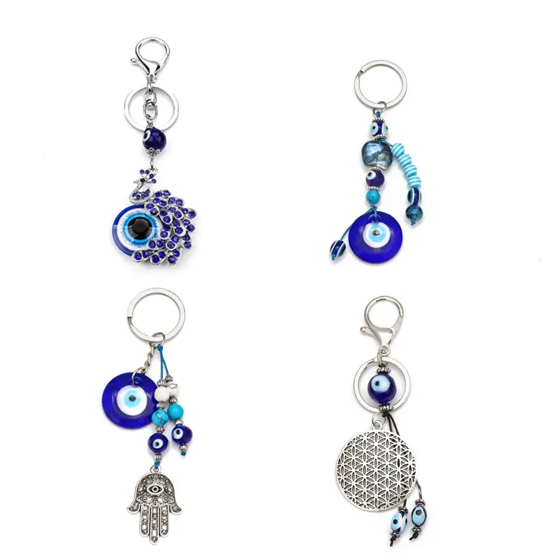 New Lucky Blue Evil Eye Glass Keychain Owl Tortoise Butterfly Hamsa Pendant Charms Bag Car Key Chain Ring for Women Men Gift