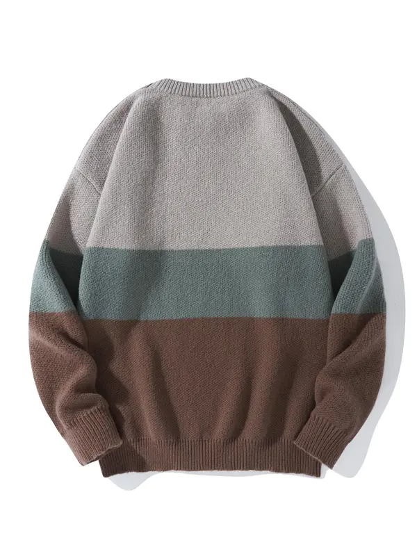 Unisex Men's Loose Colorblock Striped Print Drop Shoulder Crew Neck Sweater, Casual Long Sleeve Round Neck Jumper Tops for Fall & Winter, Menswear 1