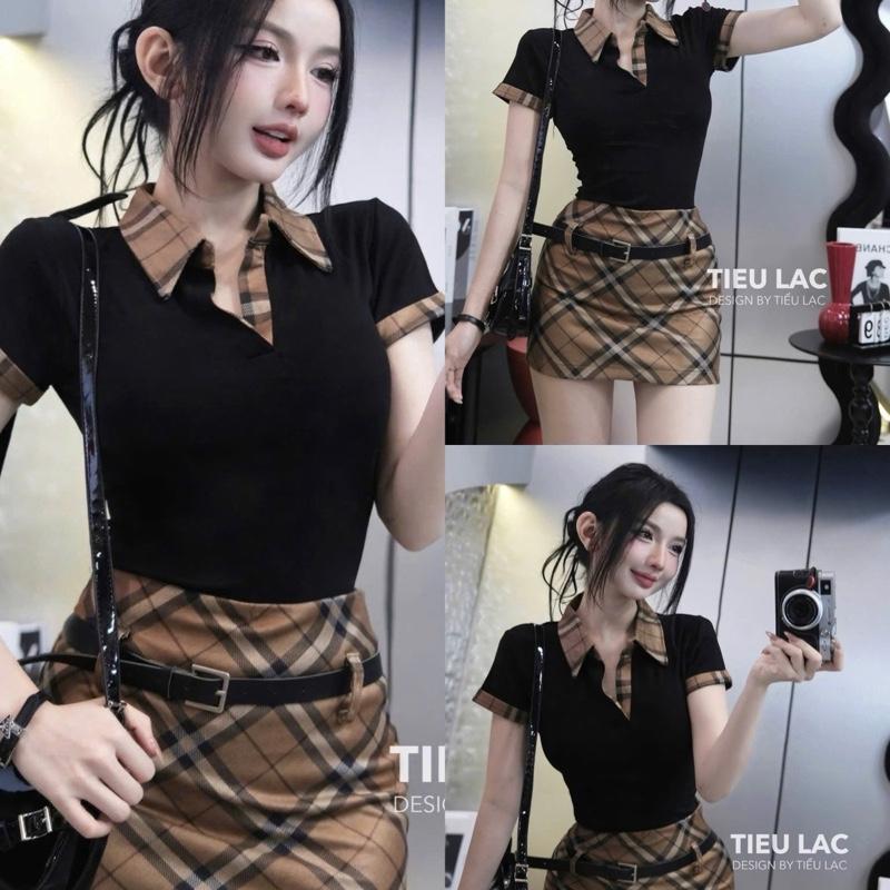 Bộ Set ÁO CỘC TAY Và Chân VÁY KẺ ÔM Body Tặng Kèm Belt