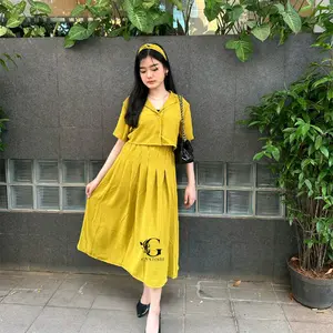 Kimmy Set Kemeja Crop dan Rok atasan baju Crinkle Setelan Wanita Kancing Panjang Standar Airflow Dewasa