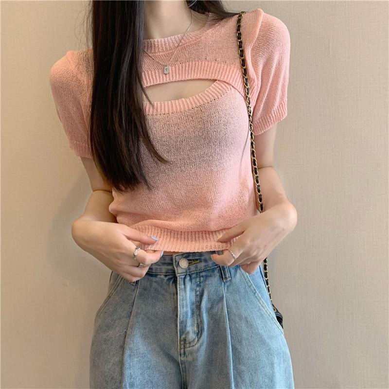 Product Introduction of Áo Len Dệt Kim Giả Hai Lớp, Thiết Kế Độc Đáo Sang Trọng Khoét Lỗ Áo Phông Ngắn Tay, Áo Ngắn Cô Gái Nóng Bỏng Mùa Hè, Phong Cách Instagram, Dành Cho Nữ, Bán Chạy Top Women Top Women 20