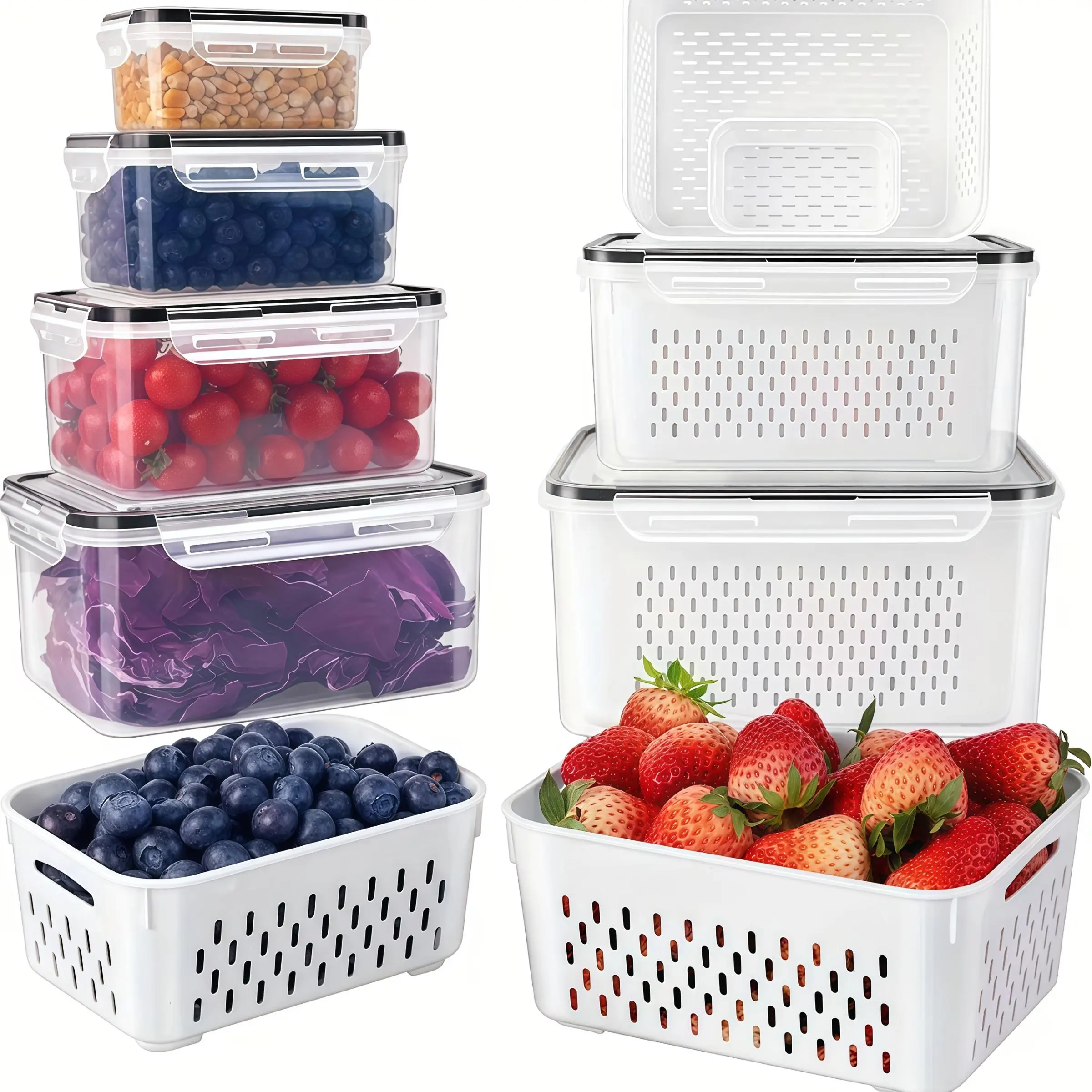 Food Storage Box with Lid, 6 Counts/set Including 3 Reusable Fruit & Vegetable Storage Container & 3 Drainers, Stackable Food Storage Box for Home Kitchen Outdoor Picnic, Utensils