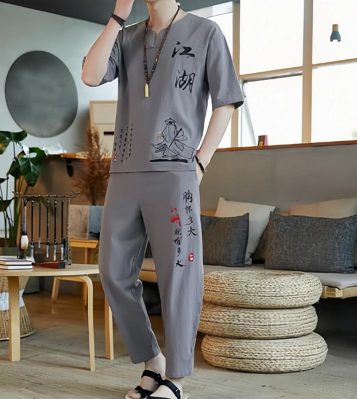 Bộ Đồ Nam Mùa Hè Chất Liệu Đũi Thoáng Mát Tay Ngắn Menswear Áo Đen