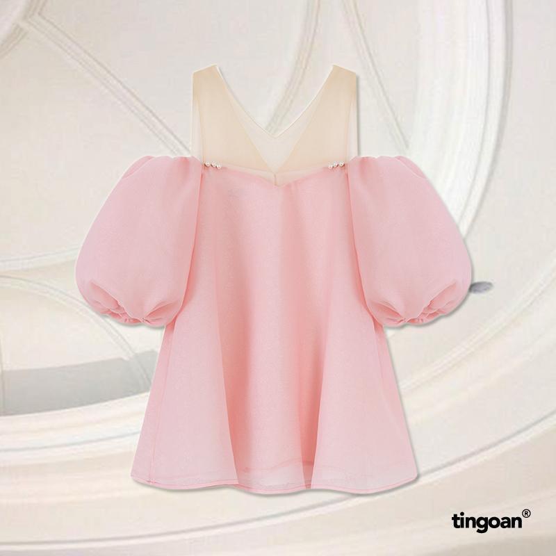 TINGOAN - Áo trễ vai babydoll phối lưới vân hoa hồng 3 lớp vải ROSIE ANGLES TOP PK