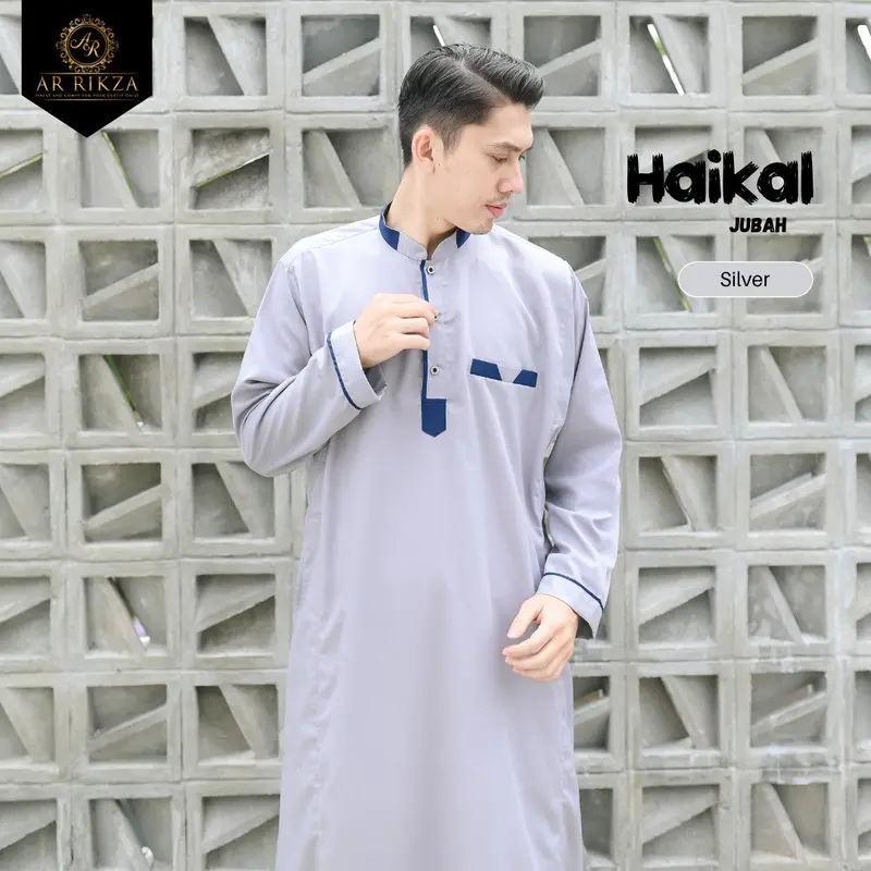 Jubah Gamis Pria Muslim Jubahh Haikal's Dewasa Simple Bahan Katun Toyobo Lengan Panjang Silver List Navy Series Kancing Abu 2