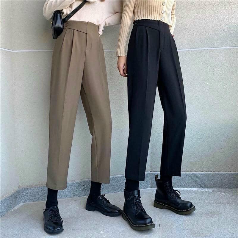 Mã 366 Quần baggy nữ cạp cao vạt lệch chất vải tuyết mưa