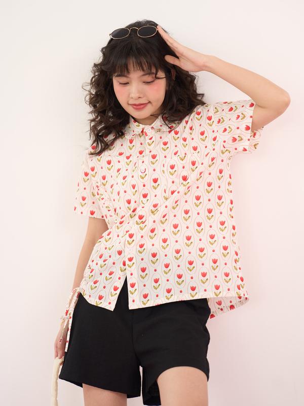 Áo sơ mi thô hoa nhí cổ sen dây rút Gardenia Shirt - ufo.thebasic Nữ Women