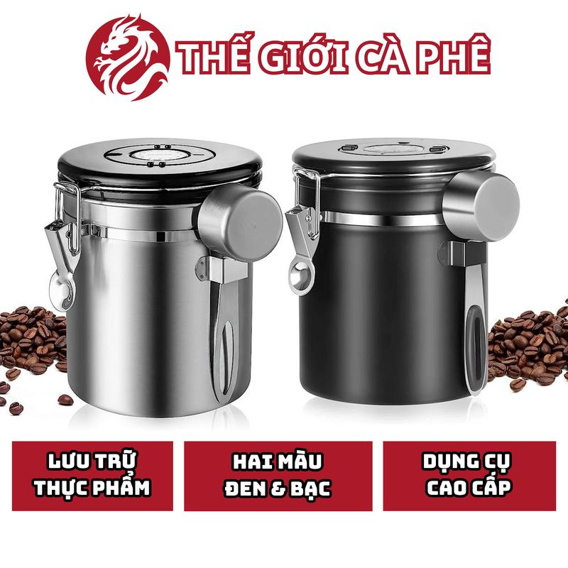 Hũ đựng cà phê, trà chuyên dụng có van 1 chiều và điều chỉnh ngày lưu giúp bảo quản chuyên nghiệp 1500ml 1800ml kèm muỗng định lượng Đựng Gia Vị Đựng đồ dùng nhà bếp