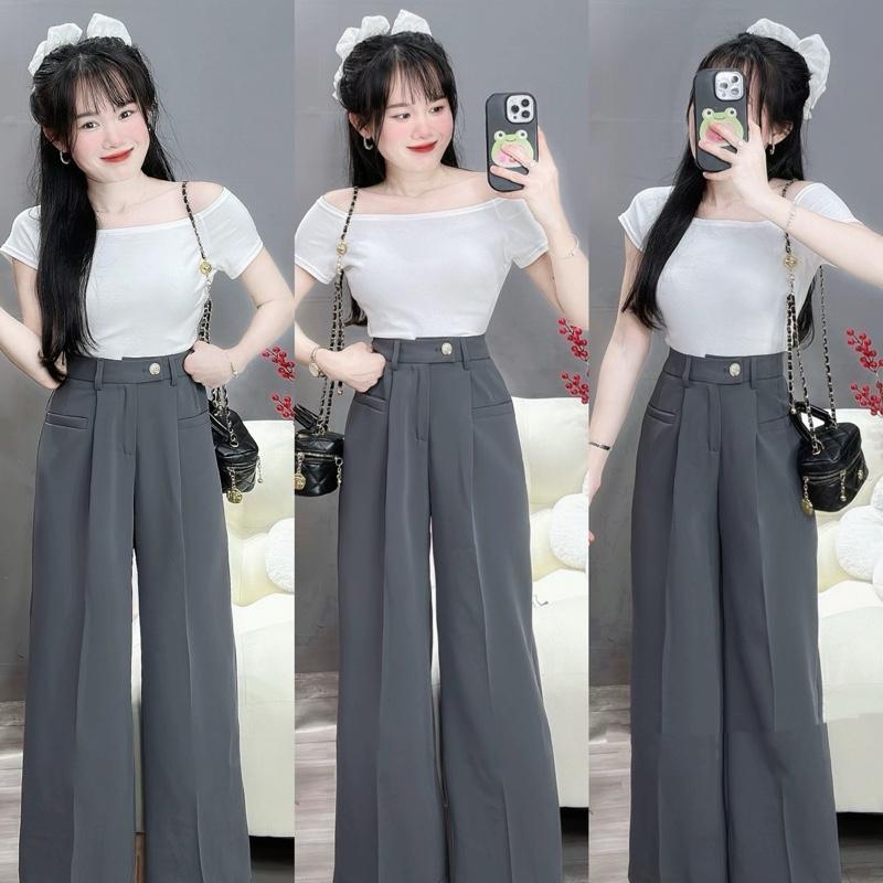 (Mã Mới 200) Quần Suông Ống Rộng Nấm lùn túi cơi ngang cạp lệch chất gold nhật siêu mềm rũ Women 5