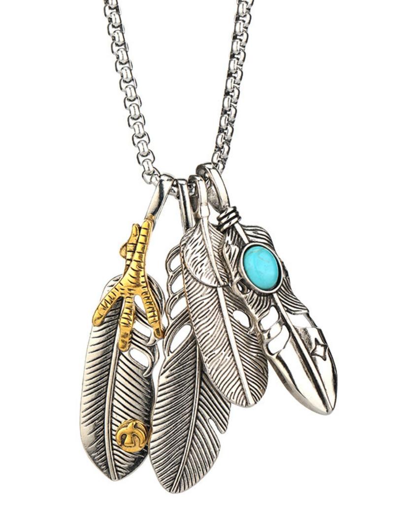 Product Introduction of Feather & Turquoise Texture Pendant Necklace for Men & Women, 2024 New Style Jewelry for Party, Daily Clothing Decor, Trendy Cool Female Accessories for Birthday Gift 5