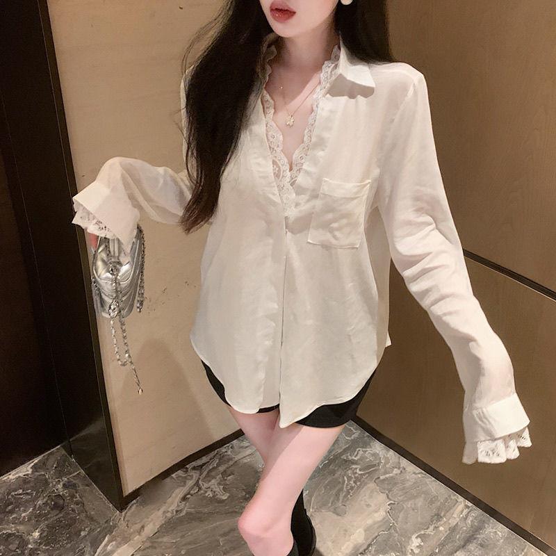 Áo Sơ Mi Ren Dài Tay, Dáng Rộng Vừa Vặn, Cổ Chữ V, Thích Hợp Cho Mùa Hè Của Phụ Nữ, Gợi Cảm